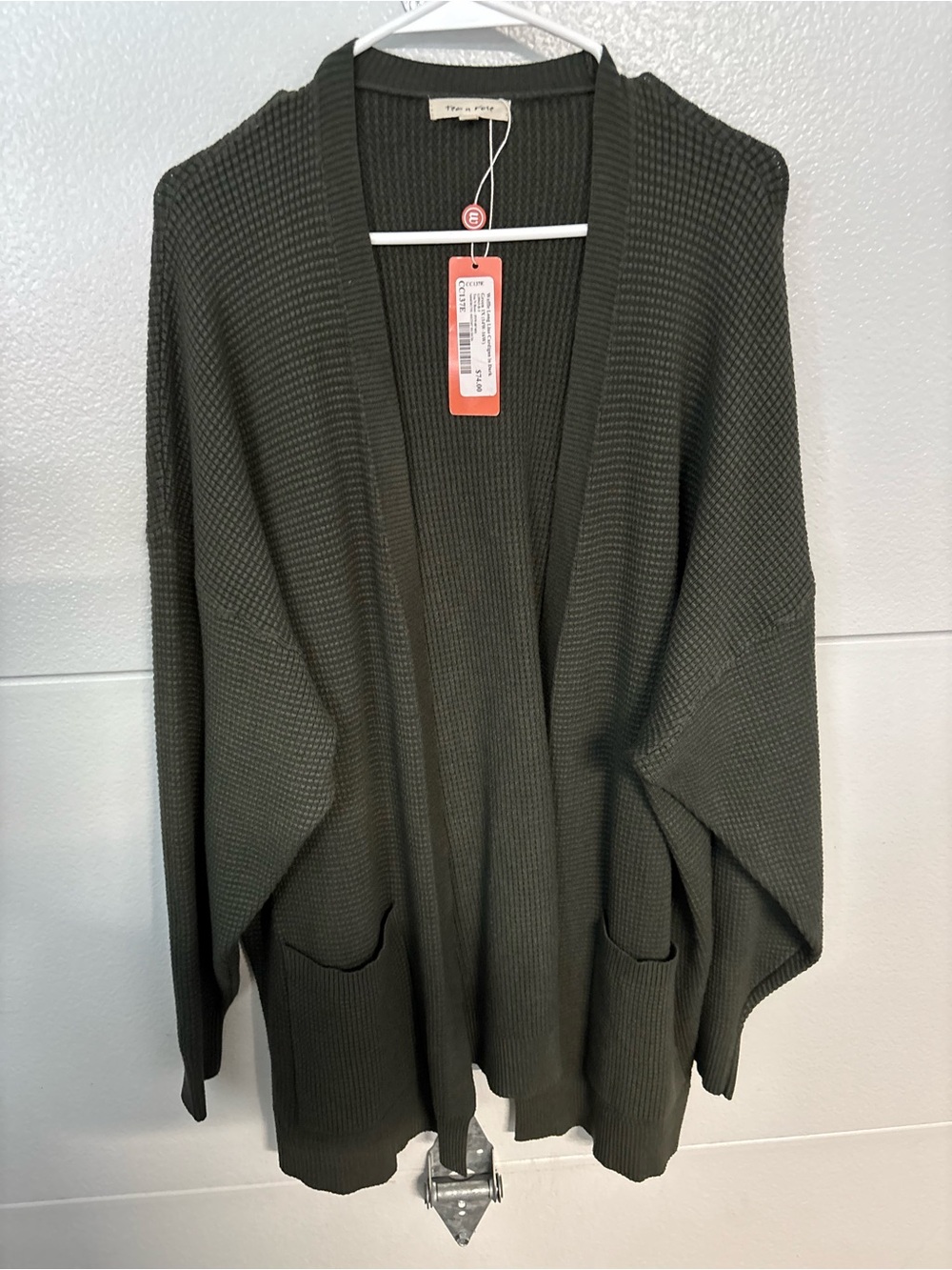 tea n rose Olive Open-Front Waffle Knit Cardigan with Pockets